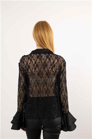 Taş Ve Dantel Detaylı Uzun Kollu Gömlek