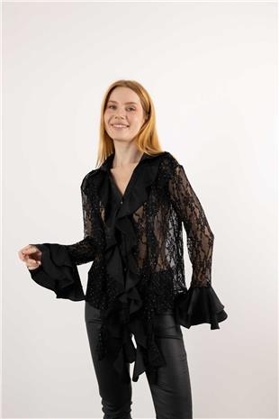 Taş Ve Dantel Detaylı Uzun Kollu Gömlek