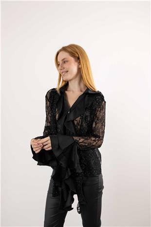 Taş Ve Dantel Detaylı Uzun Kollu Gömlek