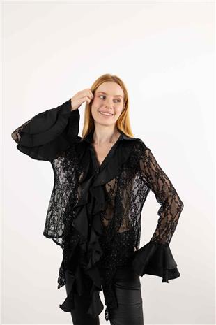 Taş Ve Dantel Detaylı Uzun Kollu Gömlek