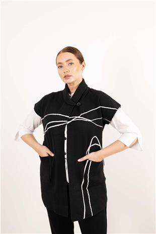 Tek Düğme Detay Kısa Kollu Çizgi Desenli Hırka