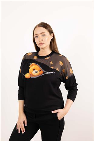 Tül Ve Ayıcık Baskı Detaylı Taş Baskılı Bluz