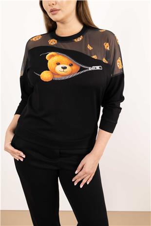 Tül Ve Ayıcık Baskı Detaylı Taş Baskılı Bluz
