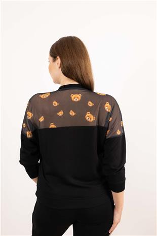 Tül Ve Ayıcık Baskı Detaylı Taş Baskılı Bluz