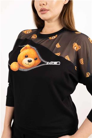 Tül Ve Ayıcık Baskı Detaylı Taş Baskılı Bluz
