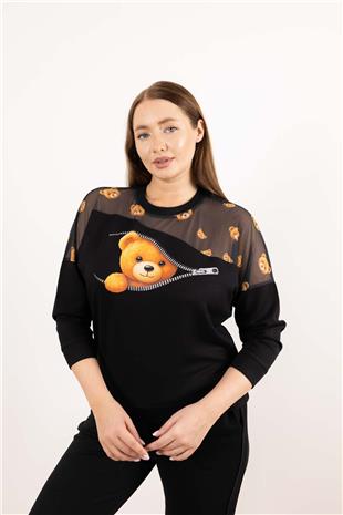Tül Ve Ayıcık Baskı Detaylı Taş Baskılı Bluz