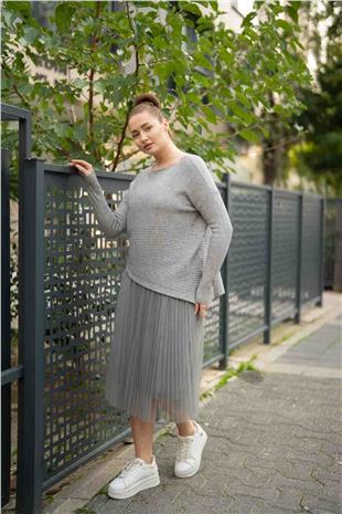 Üst Triko Alt Tül Detay Elbise