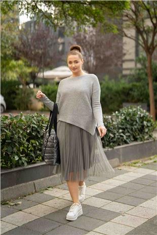 Üst Triko Alt Tül Detay Elbise