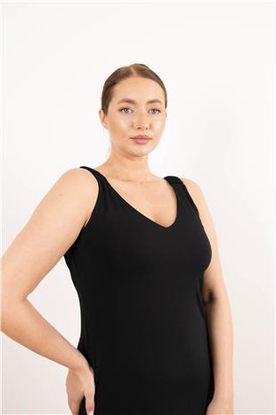 V Yaka Askı Büzğü Detaylı Sıfır Kollu Elbise