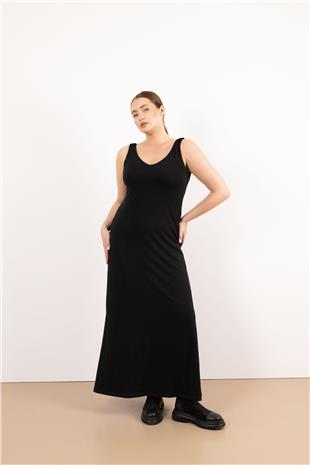 V Yaka Askı Büzğü Detaylı Sıfır Kollu Elbise