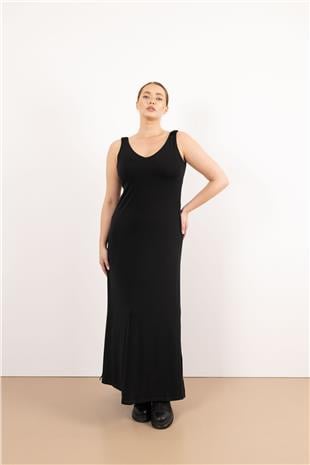 V Yaka Askı Büzğü Detaylı Sıfır Kollu Elbise