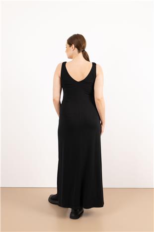 V Yaka Askı Büzğü Detaylı Sıfır Kollu Elbise