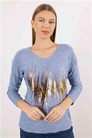 V Yaka Detay Sırt Kabartma Detaylı Baskı Desenli Kazak