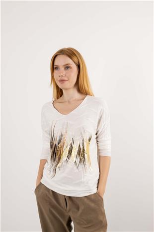 V Yaka Detay Sırt Kabartma Detaylı Baskı Desenli Kazak