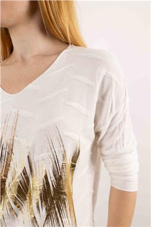 V Yaka Detay Sırt Kabartma Detaylı Baskı Desenli Kazak