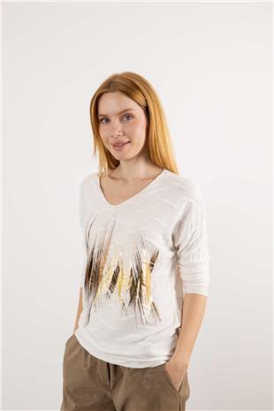 V Yaka Detay Sırt Kabartma Detaylı Baskı Desenli Kazak