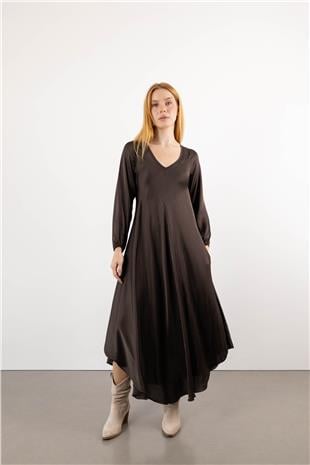 V Yaka Detay Uzun Kollu Saten Elbise