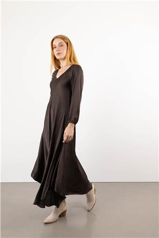 V Yaka Detay Uzun Kollu Saten Elbise