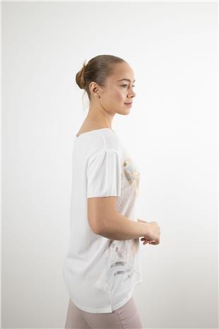 V Yaka Detay Yaprak Desenli Bluz