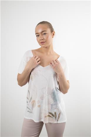 V Yaka Detay Yaprak Desenli Bluz