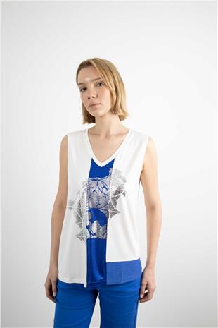 V yaka Detaylı Baskı Desenli Sıfır Kollu Tshirt