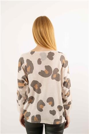 V Yaka Detaylı Gül Baskı Desenli Kazak