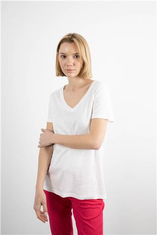 V Yaka Detaylı Kısa Kollu Basic Tshirt