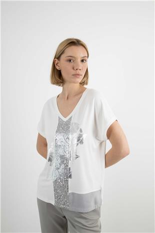 V Yaka Detaylı Pul Payetli Baskı Desen Detaylı Tshirt