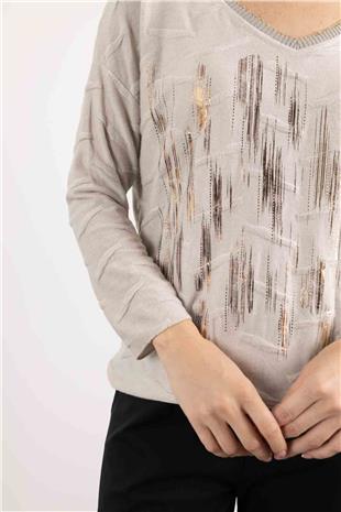 V Yaka Detaylı Sıfır Kollu Simli Parlak Bluz