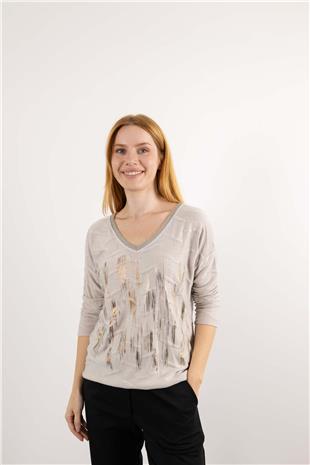 V Yaka Detaylı Sıfır Kollu Simli Parlak Bluz