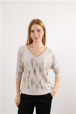 V Yaka Detaylı Sıfır Kollu Simli Parlak Bluz