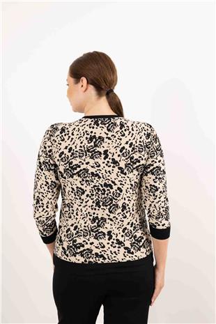 V Yaka Detaylı Taş Baskılı Leopar Desenli Bluz