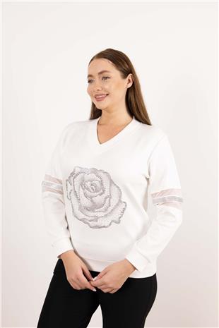 V Yaka Detaylı Taş Gül Baskılı Bluz