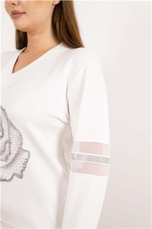 V Yaka Detaylı Taş Gül Baskılı Bluz