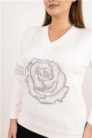 V Yaka Detaylı Taş Gül Baskılı Bluz
