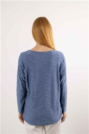 V Yaka Detaylı Uzun Kolu Kabartma Ve Desenli Kazak