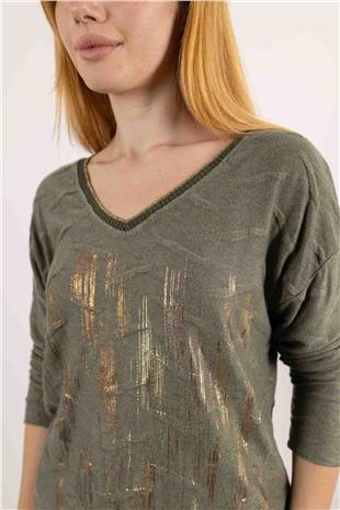 V Yaka Detaylı Uzun Kolu Kabartma Ve Desenli Kazak