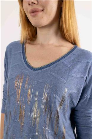 V Yaka Detaylı Uzun Kolu Kabartma Ve Desenli Kazak