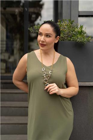 V Yaka Sıfır Kol Basic Uzun Kadın Elbise