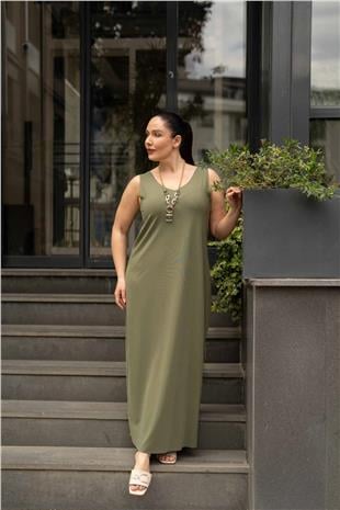 V Yaka Sıfır Kol Basic Uzun Kadın Elbise
