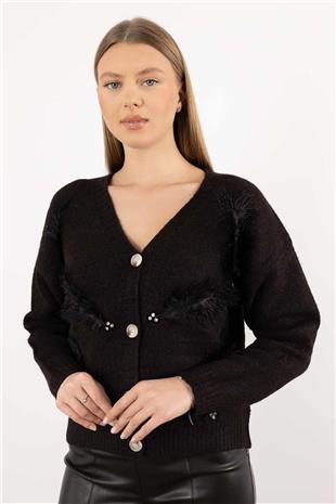 V Yaka Tüy Detaylı Taş İşlemeli Triko Hırka