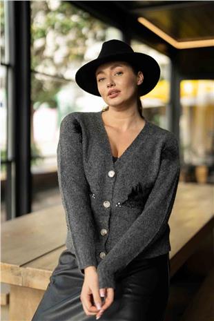 V Yaka Tüy Detaylı Taş İşlemeli Triko Hırka