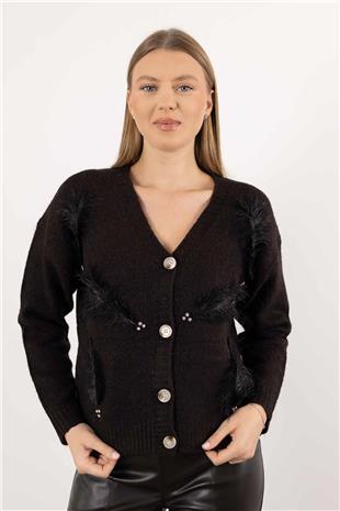 V Yaka Tüy Detaylı Taş İşlemeli Triko Hırka