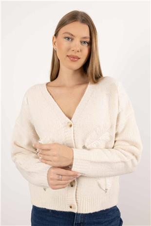 V Yaka Tüy Detaylı Taş İşlemeli Triko Hırka