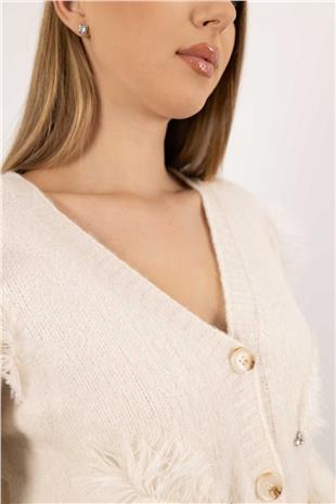 V Yaka Tüy Detaylı Taş İşlemeli Triko Hırka