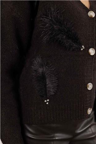 V Yaka Tüy Detaylı Taş İşlemeli Triko Hırka