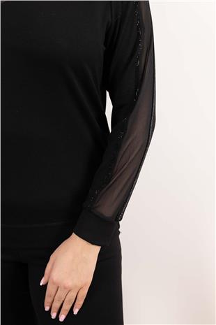 Yaka Boncuk Ve Tül Detaylı Kolları Taş Baskılı Bluz