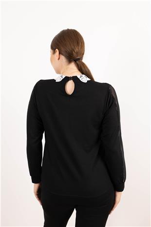 Yaka Boncuk Ve Tül Detaylı Kolları Taş Baskılı Bluz