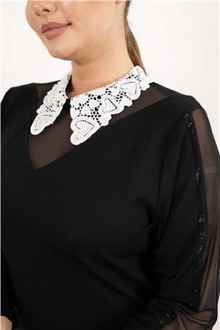Yaka Boncuk Ve Tül Detaylı Kolları Taş Baskılı Bluz