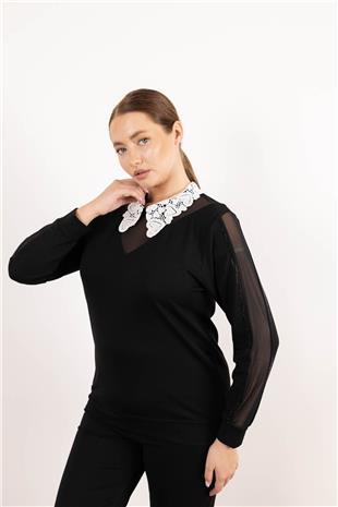 Yaka Boncuk Ve Tül Detaylı Kolları Taş Baskılı Bluz